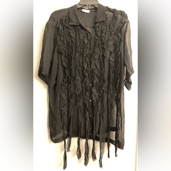 Dries Van Noten Clasan Ruffle Front Viscose Chiffon Shirt Black size US 10 FR42 - Picture 7 of 14